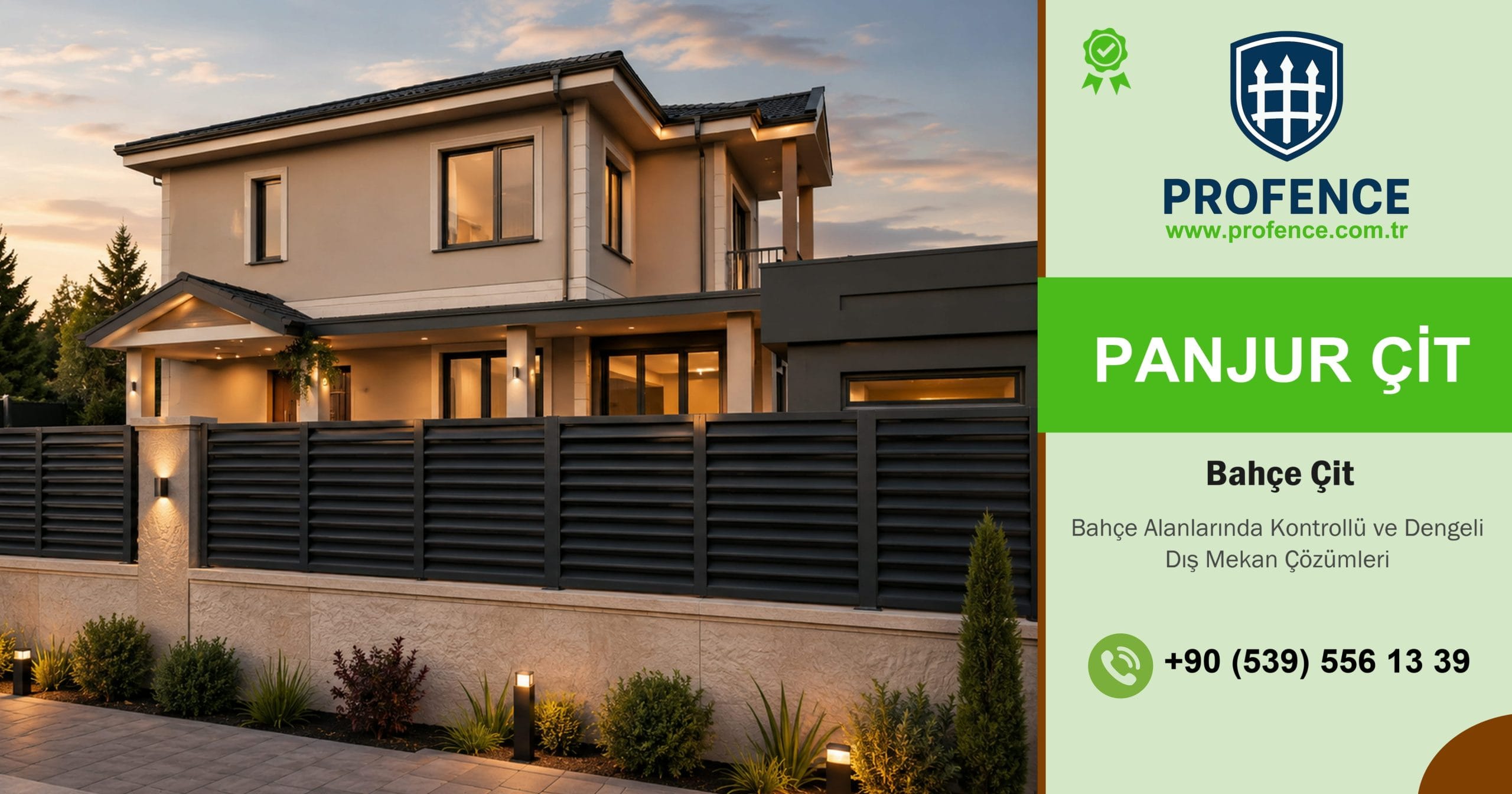Modern bahçe çit sistemleri ile çevrelenen villa bahçesi